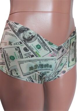 Money Dollar Print Sexy Cheeky Booty Shorts Rave Featival Pole Dance Spandex
